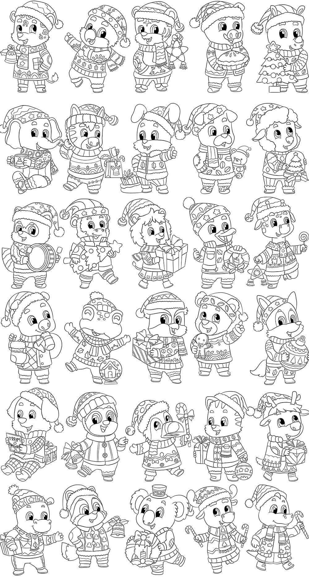 Christmas Animals Line Art Characters