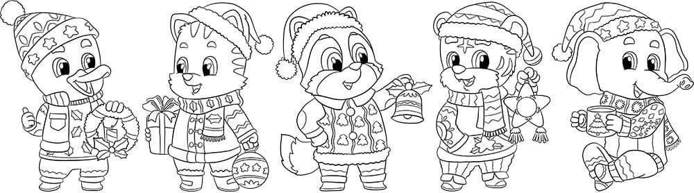 christmas animals line art characters