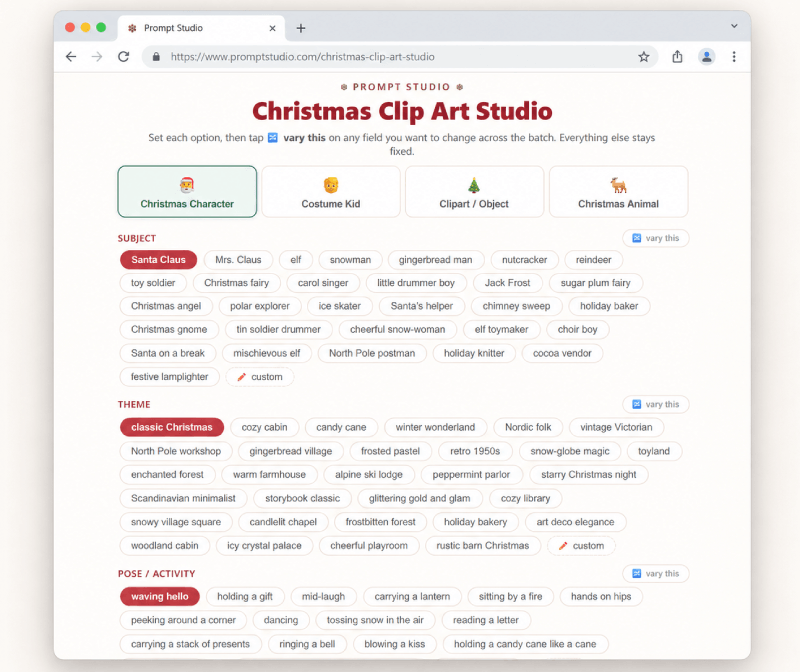 Christmas Clip Art Studio — choose a character type, pick subject, theme, pose and more, then generate up to 30 matching prompts at once.