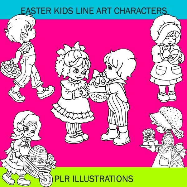 Easter Kids Line Art Characters